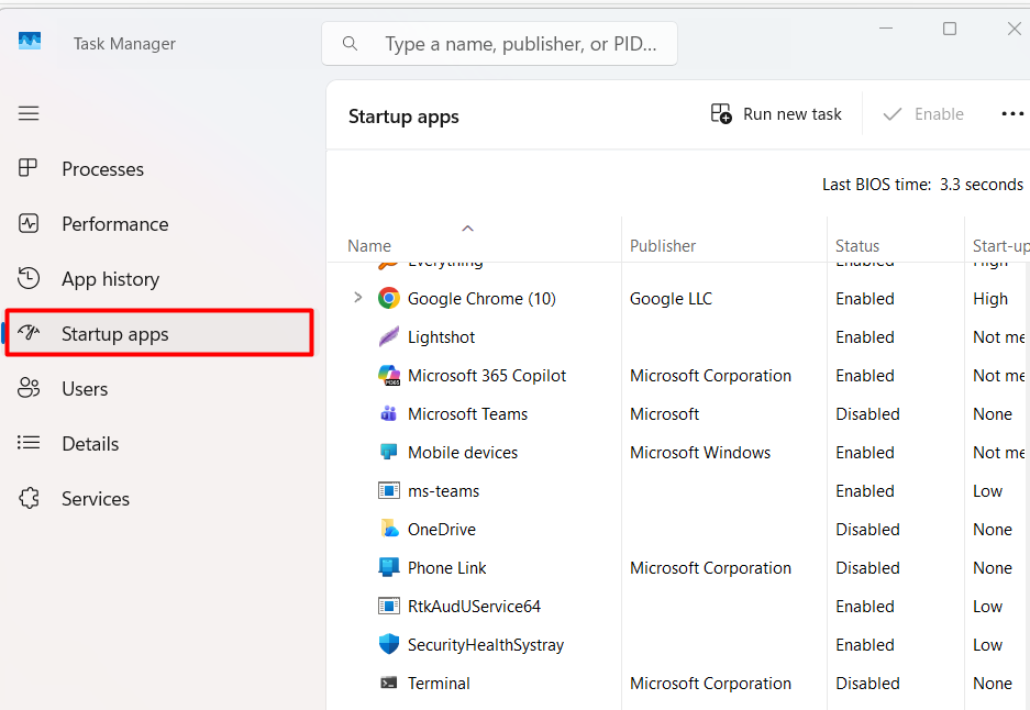 Task manager startup apps