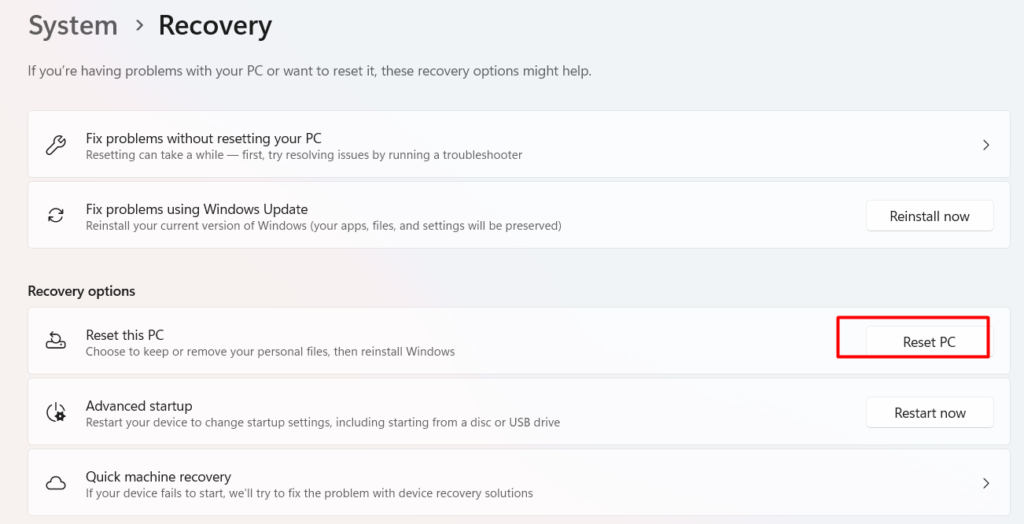system recovery setting