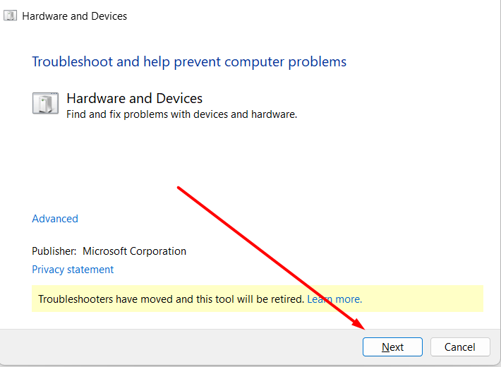 Run Hardware and Devices Troubleshooter